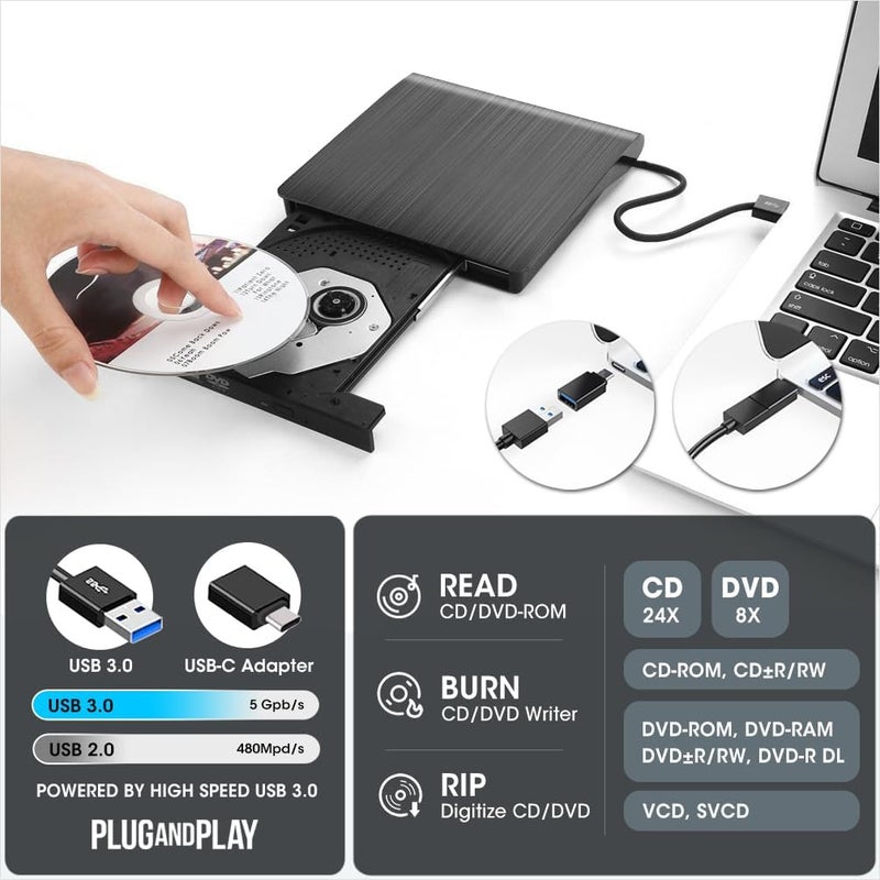 ROOFULL External CD DVD Drive for Laptop, USB 3.0 Portable CD/DVD-ROM +/-RW Optical Disk Player Reader Writer Burner with Protective Carrying Case for Laptop PC Mac, Windows 11/10/8/7, Linux Computer - Image 2